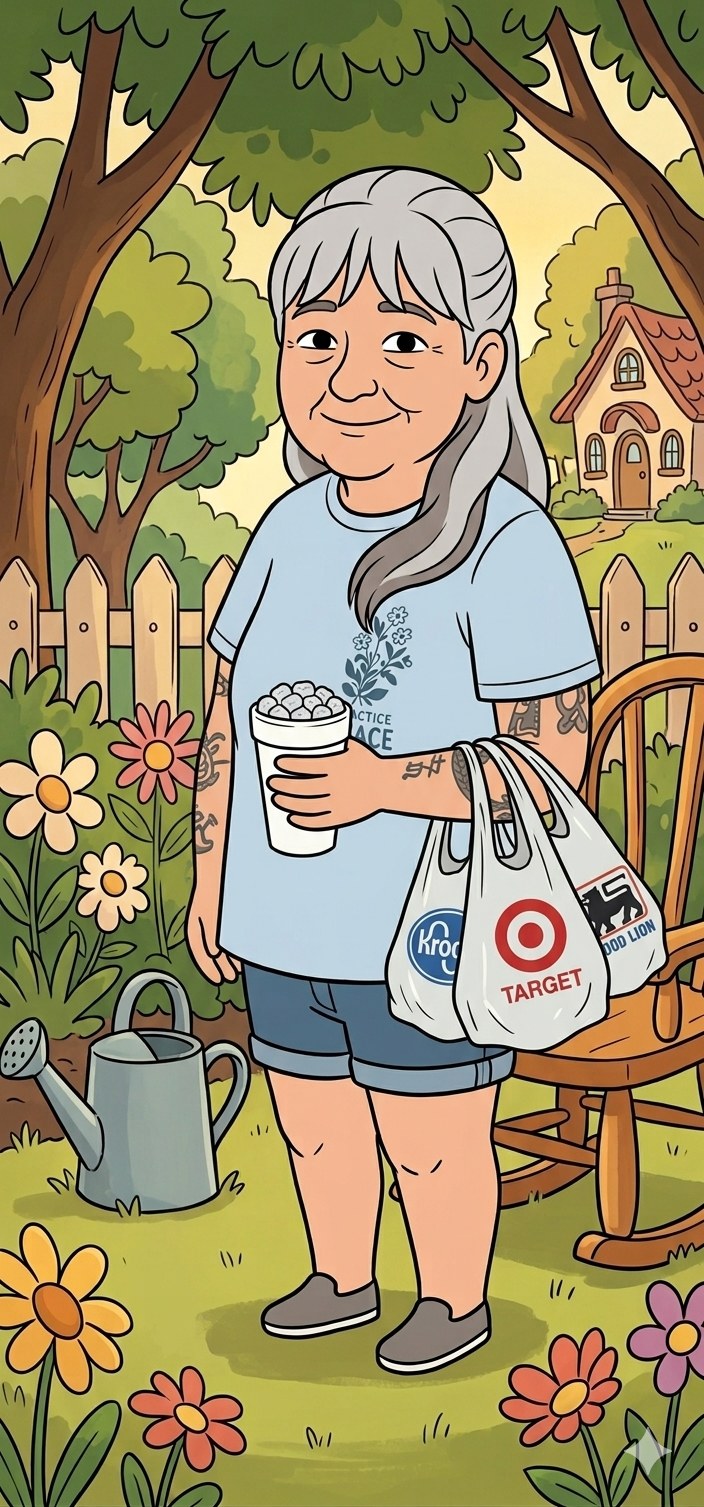 Friendly cartoon garden illustration with shopping bags and a cup of ice